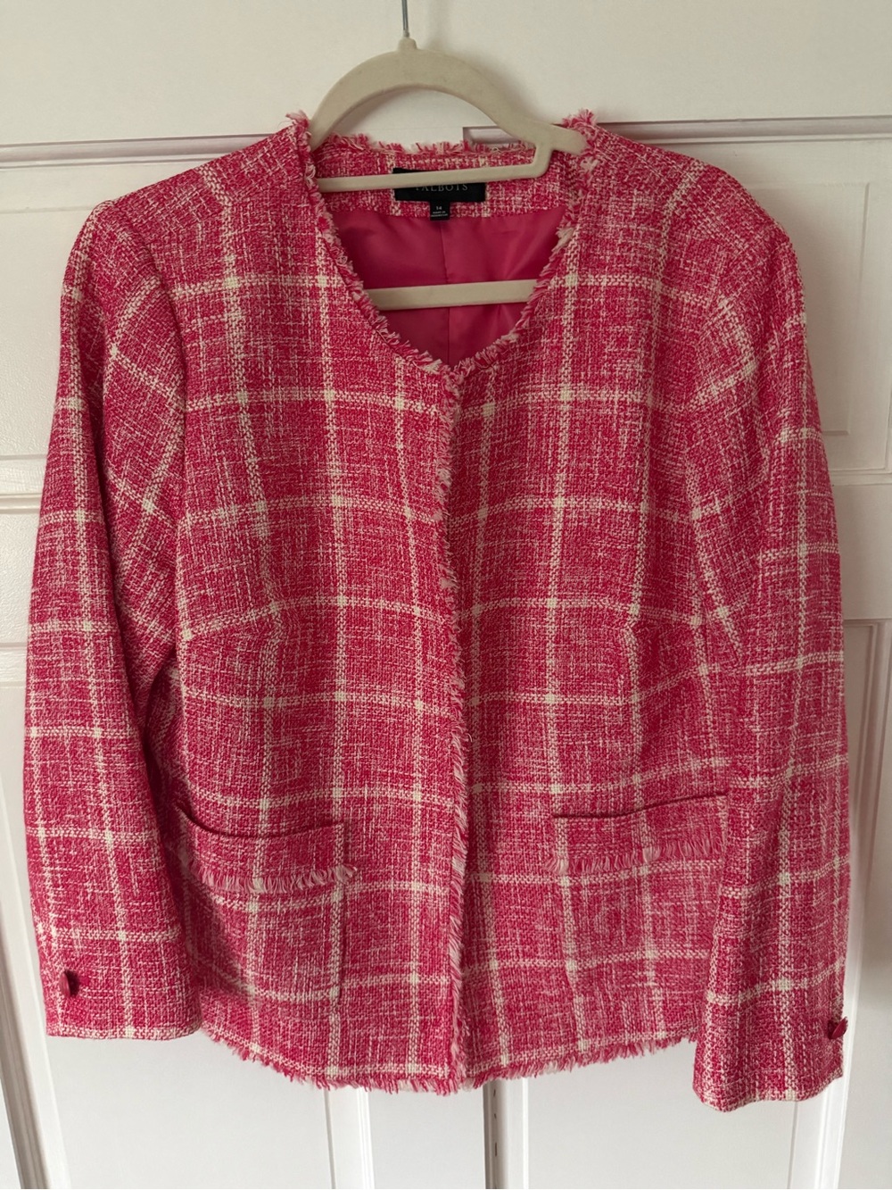 Talbots Pink windowpane Tweed Fringe-Trim Open-Front Jacket - Picture 2 of 4